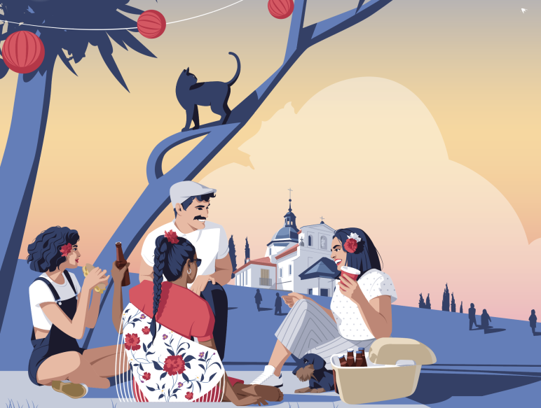Ilustración de varias personas en la Pradera de San Isidro